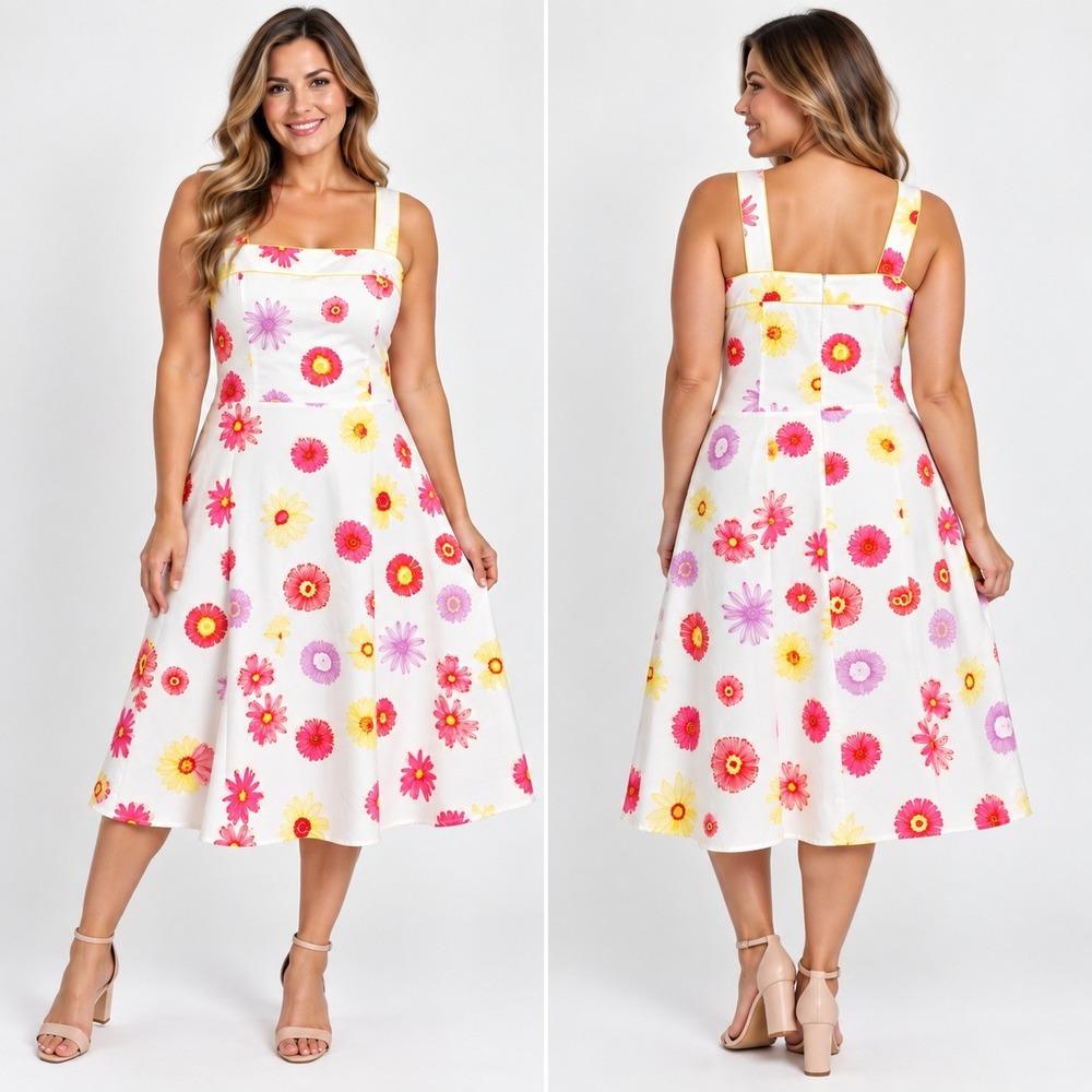 Scarlett Floral Midi Dress Size 16 White Pink Yellow Daisy Fit Flare Sleeveless